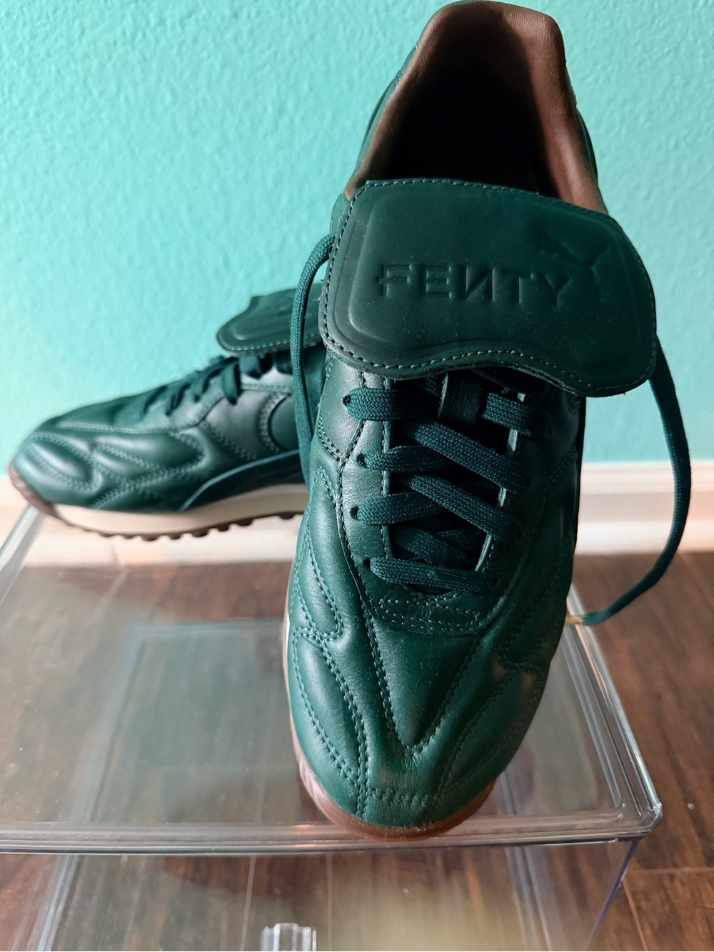 Fenty Beauty Women’s Forest Green Leather Sneaker with Brown Lining